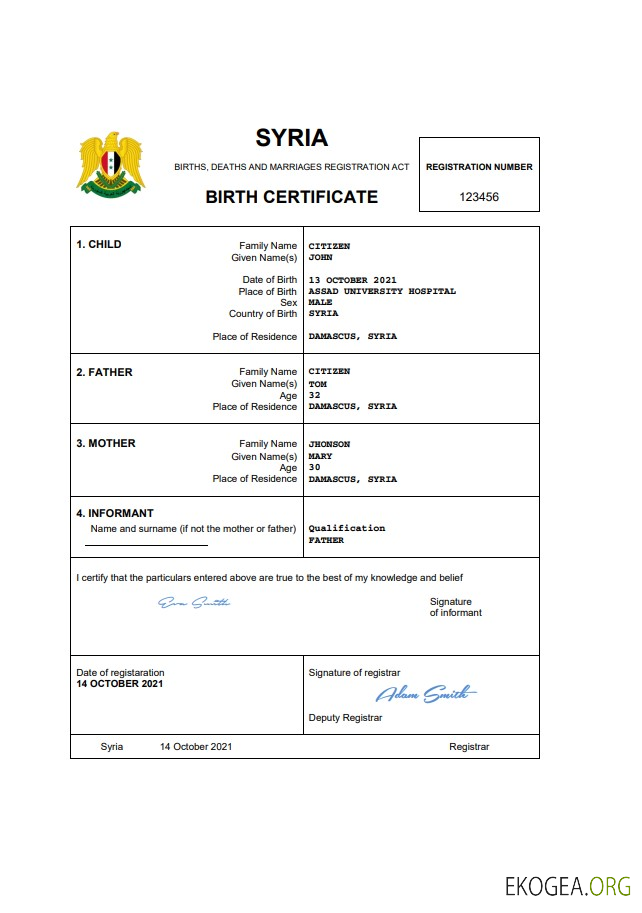 Modèle Word et PDF d'acte de naissance en Syrie
